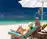 Couple enjoying sunbathing and sightseeing of a calm, serene beach on one of the best family resort of Maldives